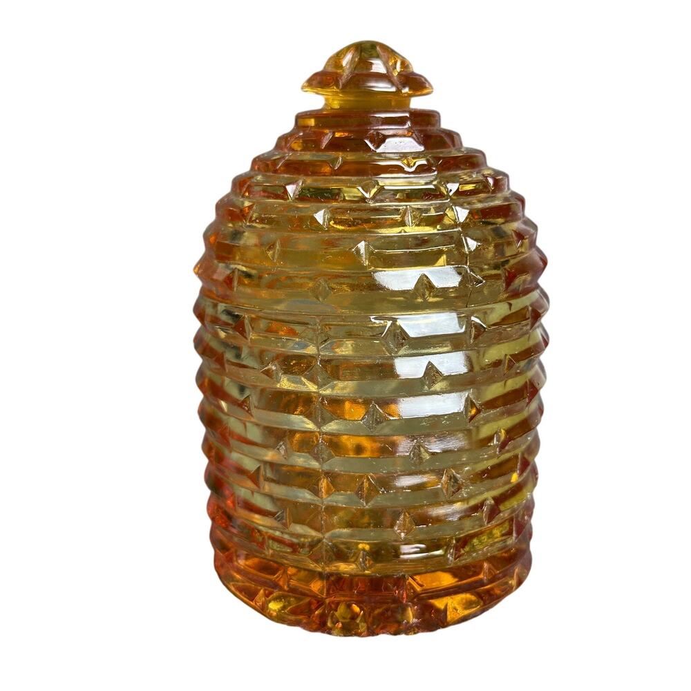 Vintage cut crystal amber glass beehive honey jar 4.5” minimalist coffee tea